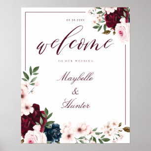 Elegant Welcome Watercolor Burgundy & Navy Floral Poster