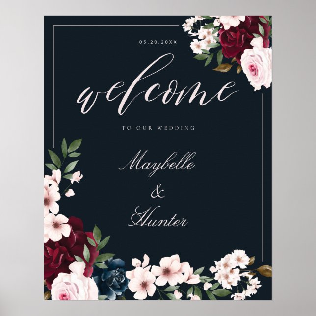 Elegant Welcome Watercolor Burgundy & Navy Floral Poster (Front)