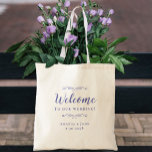 Elegant Welcome Wedding Guest Favours Periwinkle Tote Bag<br><div class="desc">Elegant, classic wedding guest favour bag features a chic design in trendy periwinkle blue on a transparent background that showcases the natural background material & colour. This modern simple design provides timeless, classic sophistication. Personalise the names of the couple and event date in elegant periwinkle lettering and script. These are...</div>