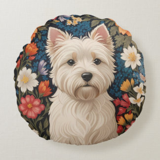 Elegant West Highland Terrier Colorful Floral Round Cushion