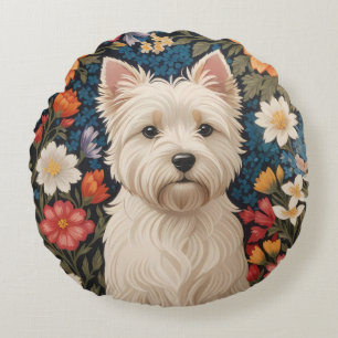 Elegant West Highland Terrier Colourful Floral Round Cushion