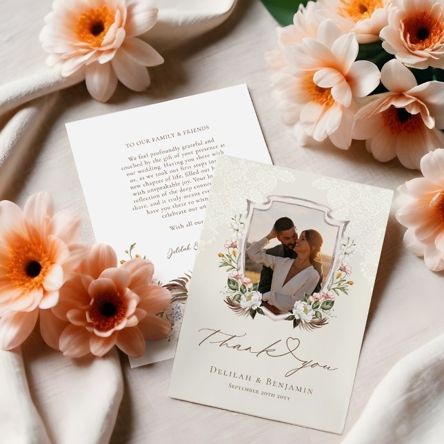 Elegant Western Cowboy Floral Crest Photo Script Thank You Card (Elegant Western Cowboy Floral Crest Photo Script Thank You Card (Front & Back))