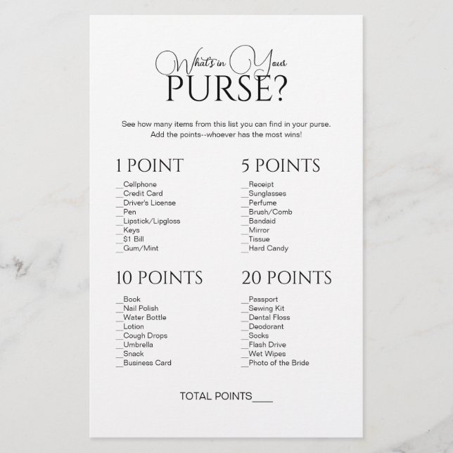 Elegant What's In Your Purse Bridal Shower Game (Front)