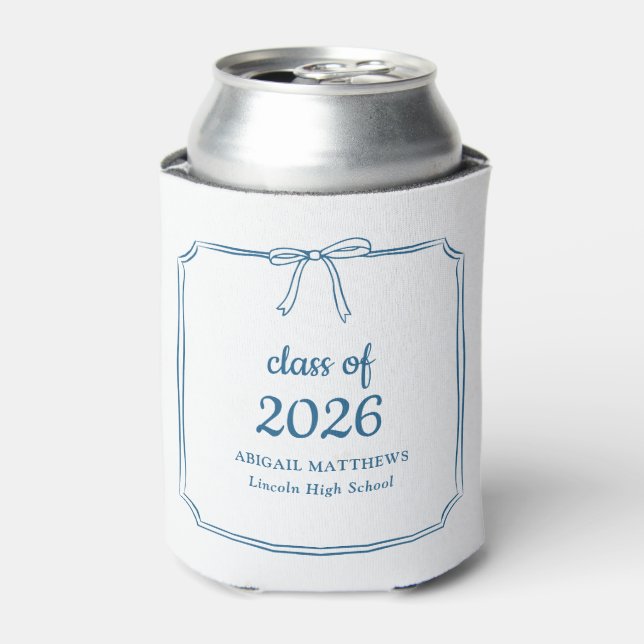 Elegant Whimsical Bow Blue Custom Graduation Favou Can Cooler (Can Front)