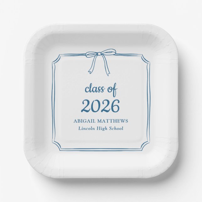 Elegant Whimsical Bow Blue Custom Graduation Favou Paper Plate (Front)