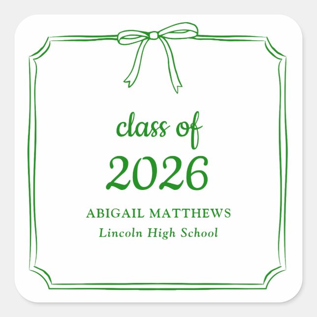 Elegant Whimsical Bow Green Custom Graduation Square Sticker (Front)