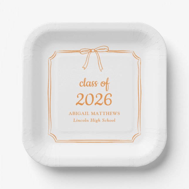 Elegant Whimsical Bow Orange Custom Graduation Paper Plate (Front)