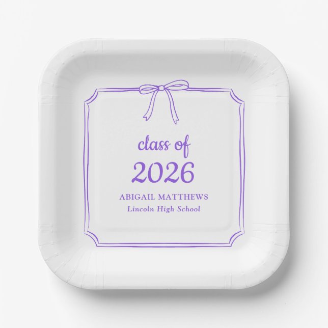 Elegant Whimsical Bow Purple Custom Graduation Paper Plate (Front)