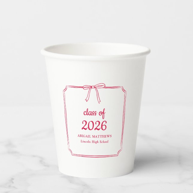 Elegant Whimsical Bow Red Custom Graduation Favour Paper Cups (Front)