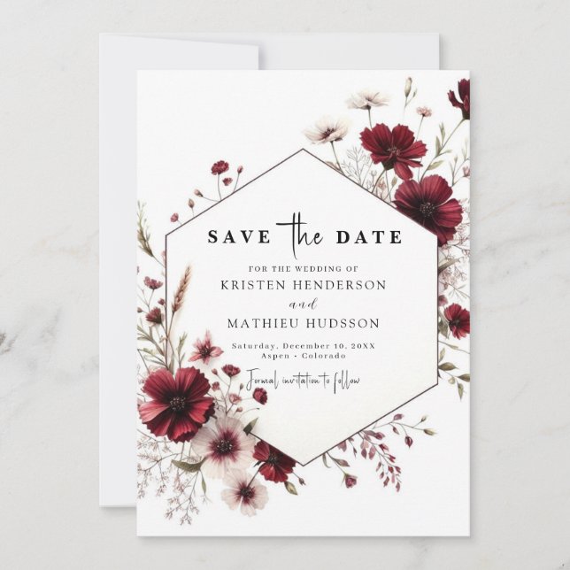 Elegant Whimsical Burgundy Wedding Save The Date (Front)