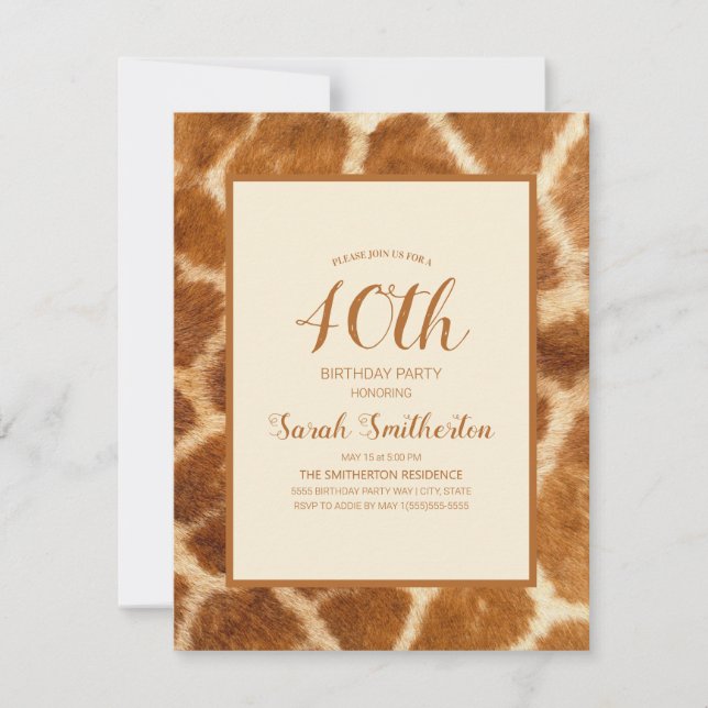 Elegant Whimsical Giraffe Print 40th Birthday Invitation (Front)