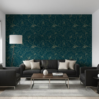 Elegant Whimsical Gold Floral Pattern Dark Teal Wallpaper