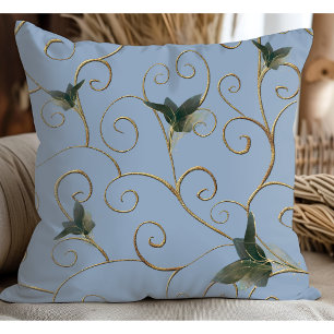 Elegant Whimsical Gold Floral Pattern Light Blue Cushion