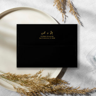 Elegant Whimsical Monogram Black and Gold Wedding Envelope