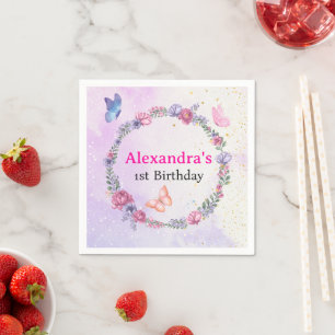 Elegant Whimsical Pink & Purple Floral Butterfly Napkin