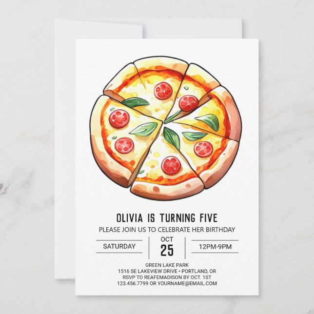 Elegant Whimsical Pizza Birthday Invitation (Front)