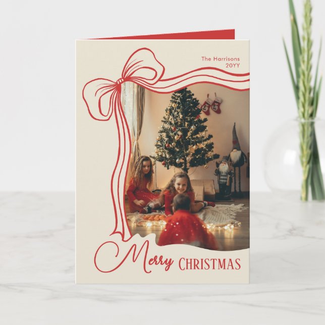 Elegant Whimsical Red Bow Christmas Family Photo Holiday Card (Front)