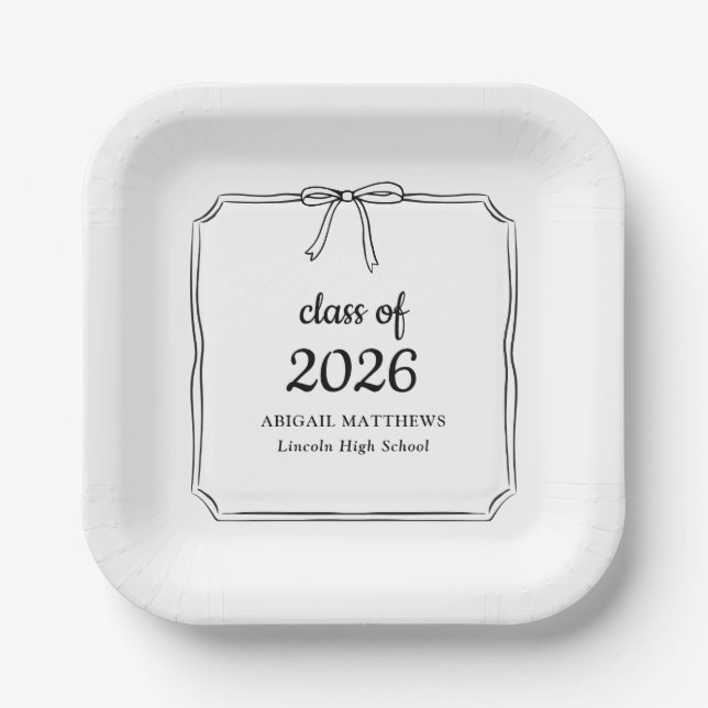 Elegant Whimsical Simple Bow Custom Graduation Paper Plate (Front)