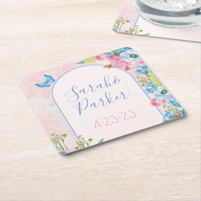 Elegant Whimsical Spring Flowers Wedding  Square Paper Coaster (Angled)