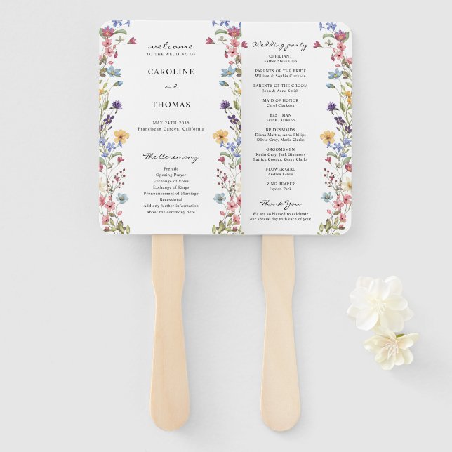 Elegant Whimsical Wildflower Bloom Wedding Program Hand Fan (Front and Back)