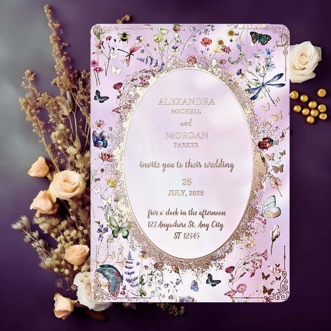 Elegant Whimsical Wildflower Pink Foil Invitation (Creator Uploaded)