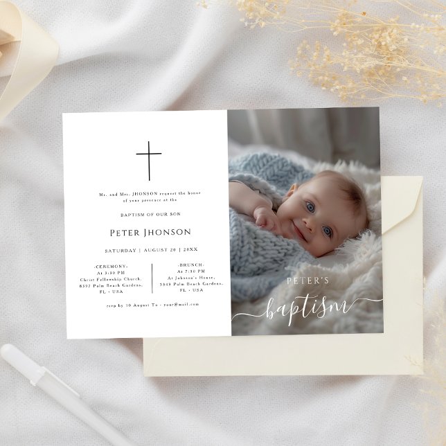 Elegant Whimsy Calligraphy Formal Baptism Photo Invitation (Creator Uploaded)