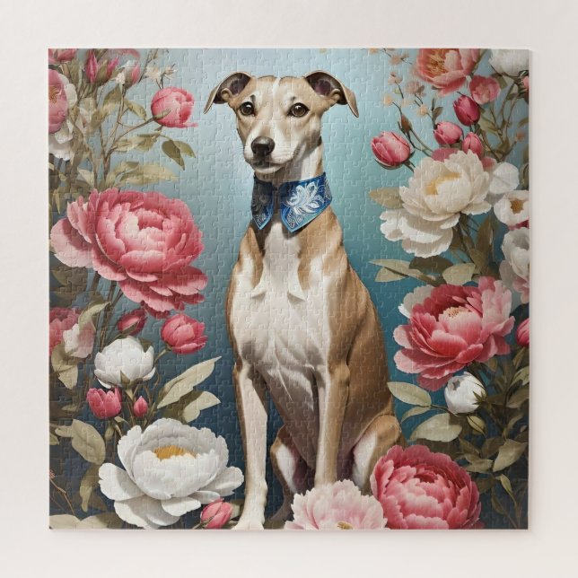 Elegant Whippet Pink Peony Flowers Blue Background Jigsaw Puzzle (Vertical)