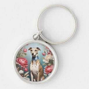 Elegant Whippet Pink Peony Flowers Blue Background Key Ring