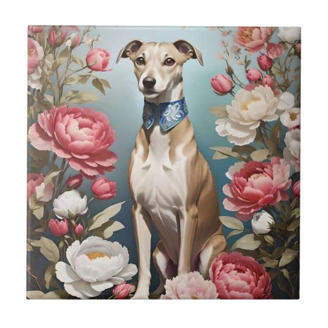 Elegant Whippet Pink Peony Flowers Blue Background Tile (Front)