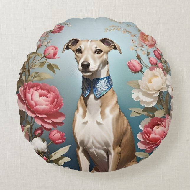 Elegant Whippet Pink Peony Flowers Round Cushion (Front)