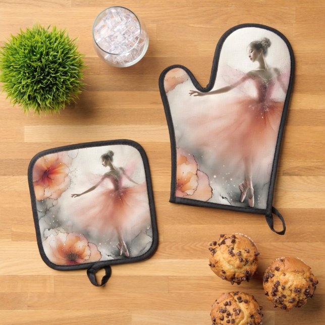Elegant Whirl Ballet in Peach Oven Mitt & Pot Holder Set (Top Down)