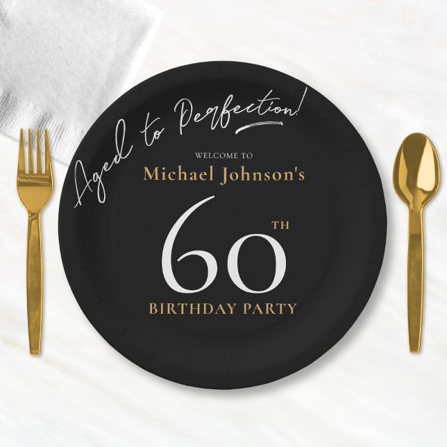 Elegant Whiskey Black Gold 60th Birthday Party Paper Plate (Mockup View)