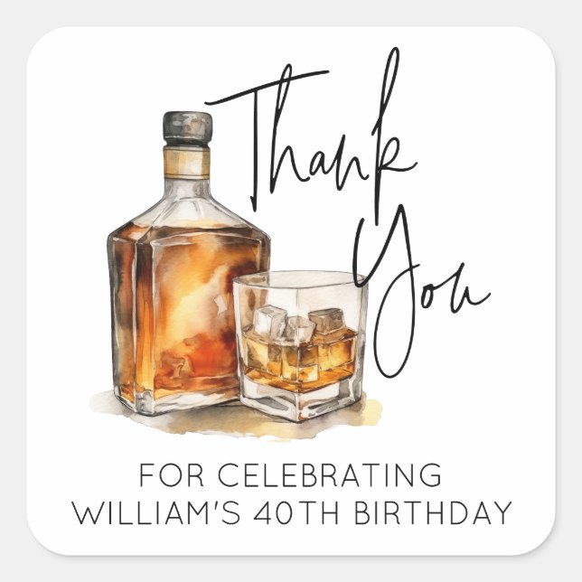 Elegant Whiskey Bottle Birthday Thank You Sticker (Front)