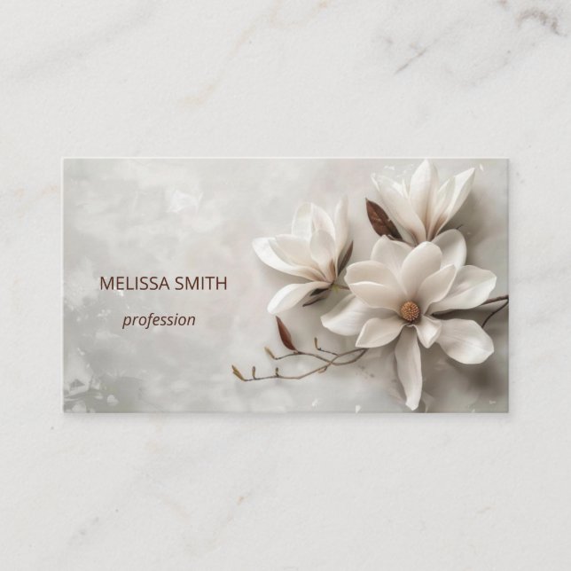 Elegant White 3D Magnolia Business Card (Front)