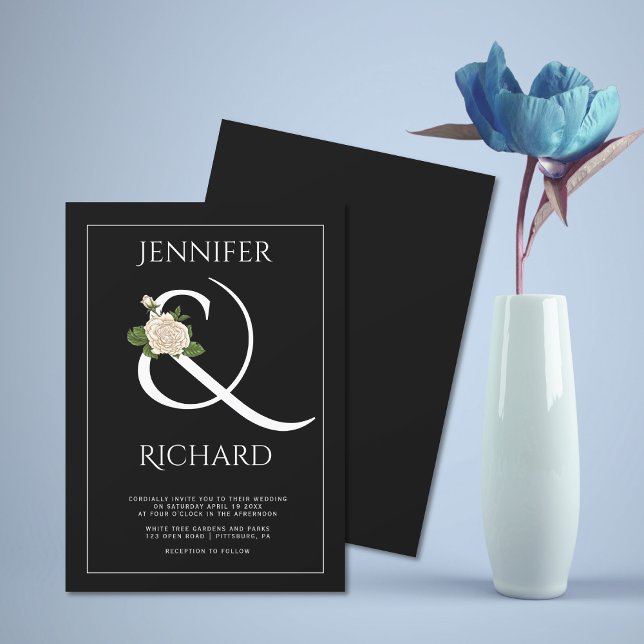 Elegant white ampersand, white rose black wedding invitation (Creator Uploaded)
