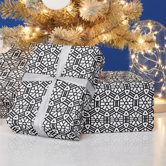 Elegant white and black art deco geometric pattern wrapping paper (Holidays)