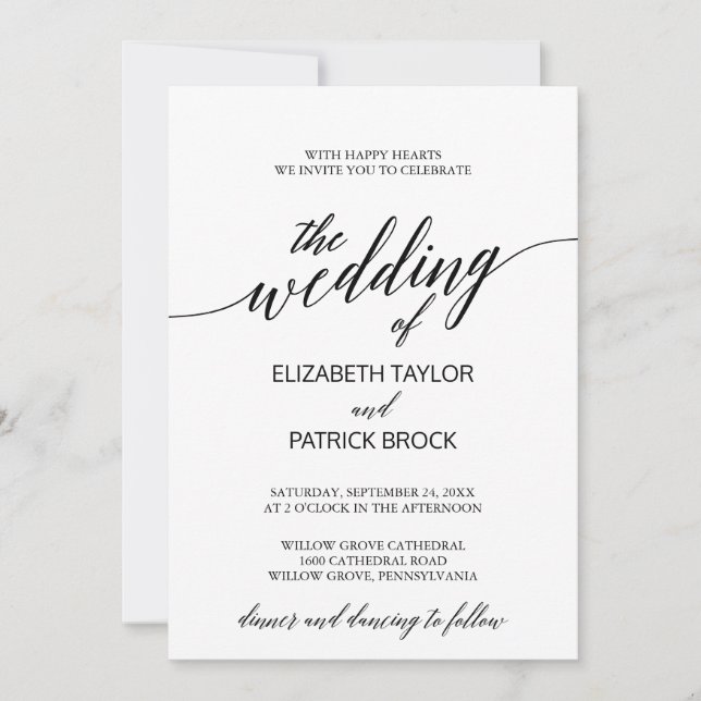 Elegant White and Black Calligraphy Wedding Invitation (Front)