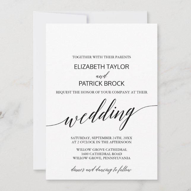Elegant White and Black Calligraphy Wedding Invitation (Front)