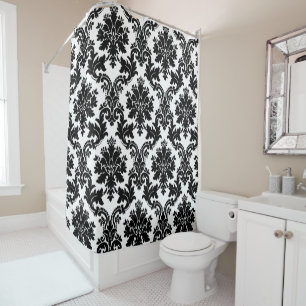 Elegant White and Black Damask Shower Curtain