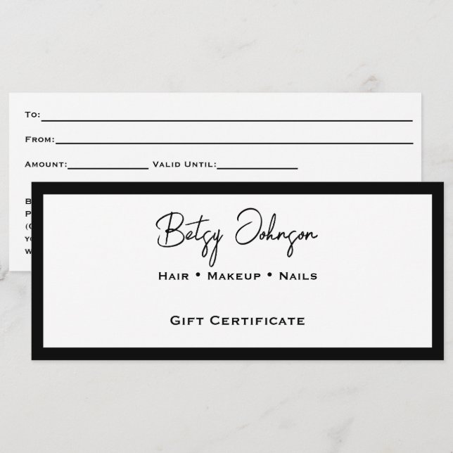 Elegant White and Black Gift Certificate Card (Front/Back)