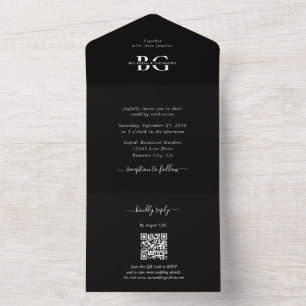 Elegant White and Black Monogram Initials Wedding All In One Invitation
