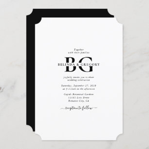 Elegant White and Black Monogram Initials Wedding Invitation