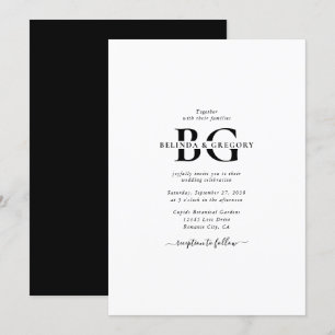 Elegant White and Black Monogram Initials Wedding Invitation