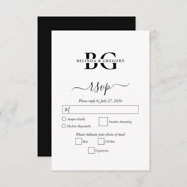 Elegant White and Black Monogram Initials Wedding RSVP Card (Front/Back)
