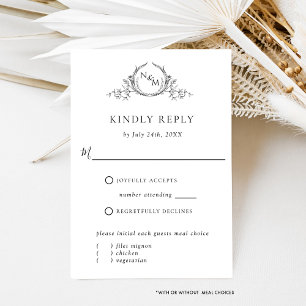 Elegant White and Black Monogram w/without meals RSVP Card