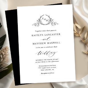 Elegant White and Black Monogram Wedding Invitation