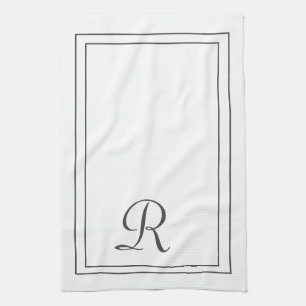 Elegant White and Black Monogrammed Tea Towel