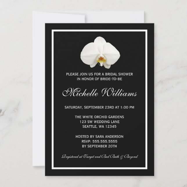 Elegant White and Black Orchid Bridal Shower Invitation (Front)