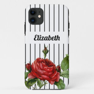 Elegant White and Black Pinstripe Roses and Name Case-Mate iPhone Case