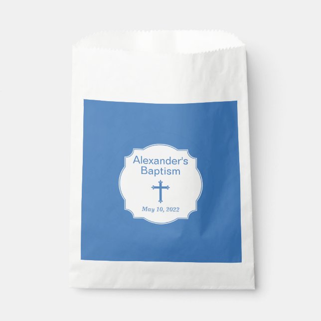 Elegant White and Blue Cross Baptism Christening Favour Bags (Front)
